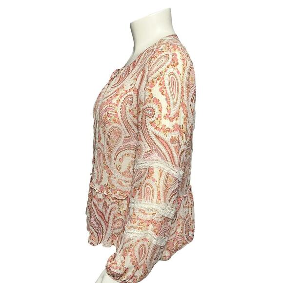 BCBG Sheer Peasant Boho Paisley Print Long Sleeve Blouse Sz-Large - Picture 2 of 8